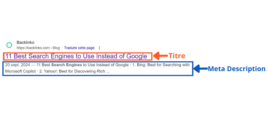 Capture d'écran des résultats de recherche Google affichant un titre et une méta description optimisés pour le SEO