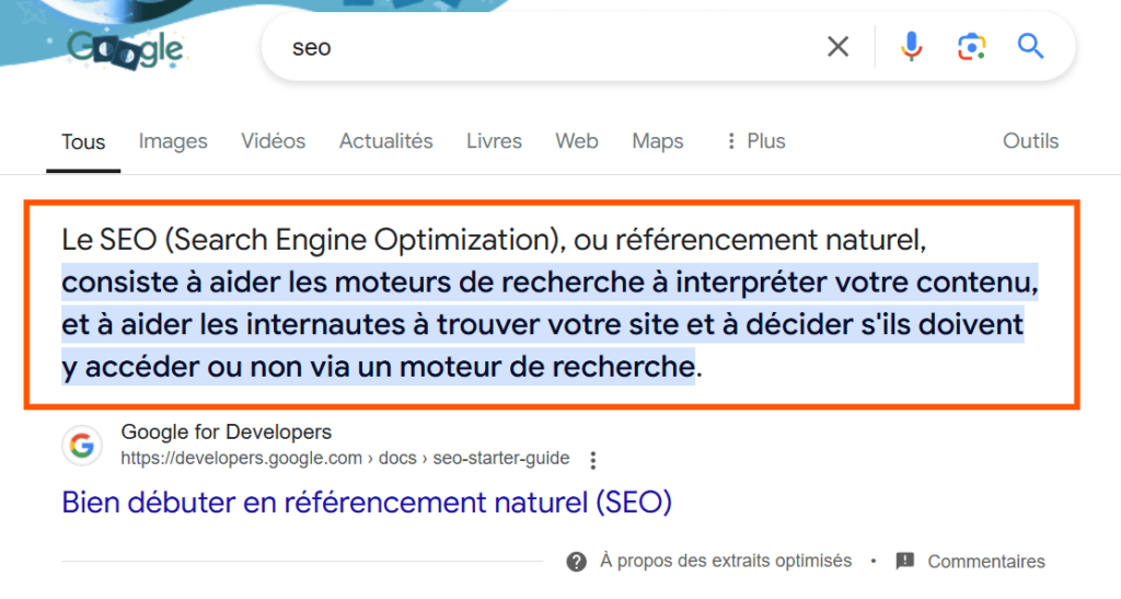 Exemple d'un featured snippet affiché dans les résultats de recherche Google