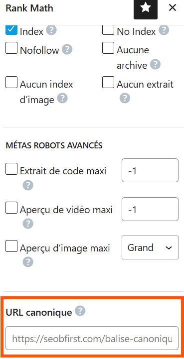 Le champ dédié à l'URL canonique sur rank math