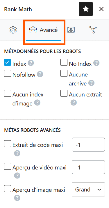 L’onglet « Avancé » de rank math affiche les options relatives à l’URL canonique.