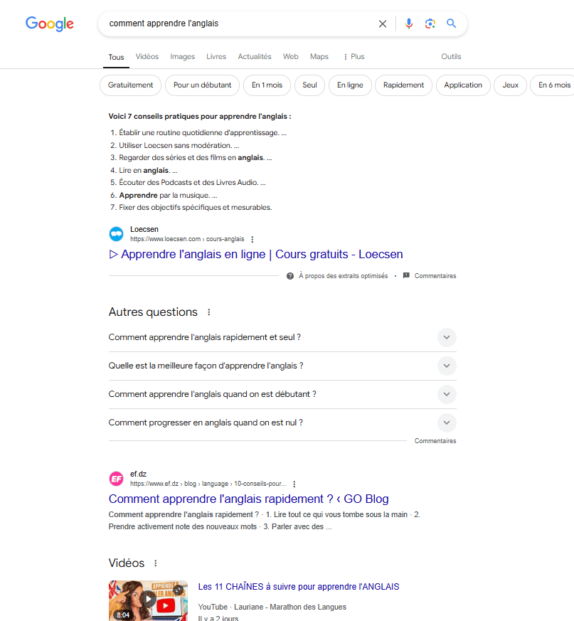 capture d'écran d'une SERP pour la requête 'comment apprendre l'anglais'
