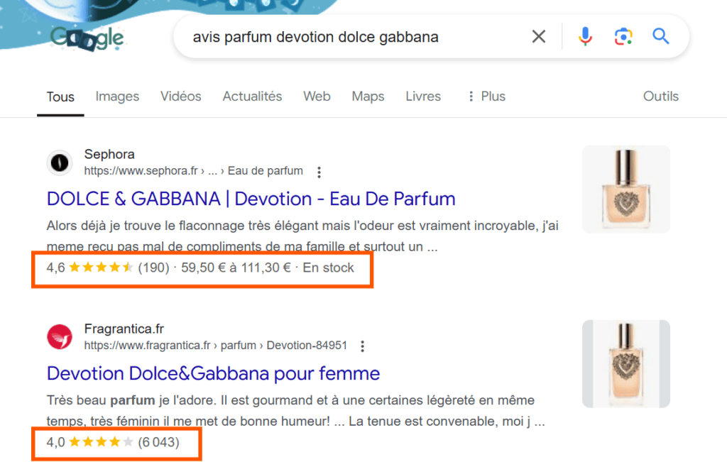Exemple d'un rich-snippet affiché dans les résultats de recherche Google