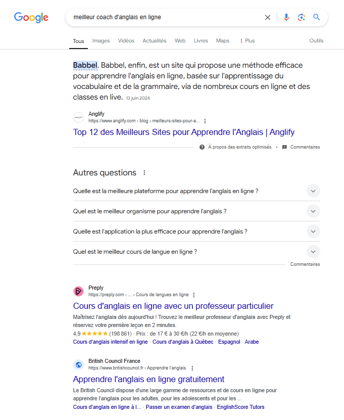 capture d'écran d'une SERP pour la requête 'meilleur coach d'anglais en ligne'