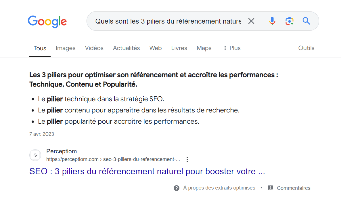 Exemple d'un featured snippet de type liste