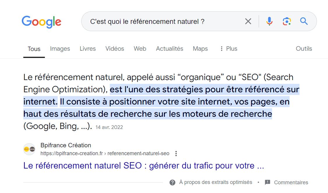 Un featured snippet affiché en haut des résultats de recherche Google