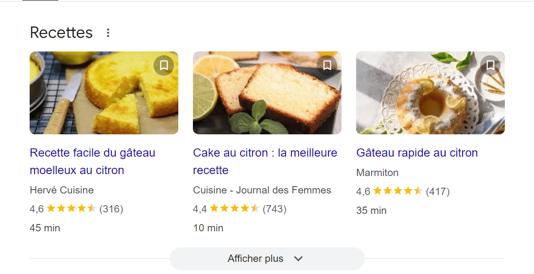Des recettes affichées sous forme de carrousel dans les résultats de recherche accompagnées avec des extraits enrichis