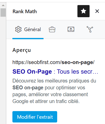 Capture d'écran de l'aperçu Rank Math pour modifier la méta description