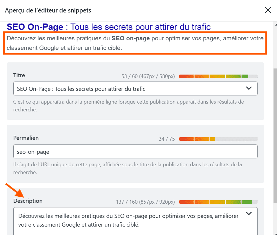 Capture d'écran de l'éditeur Rank Math montrant le champ méta description