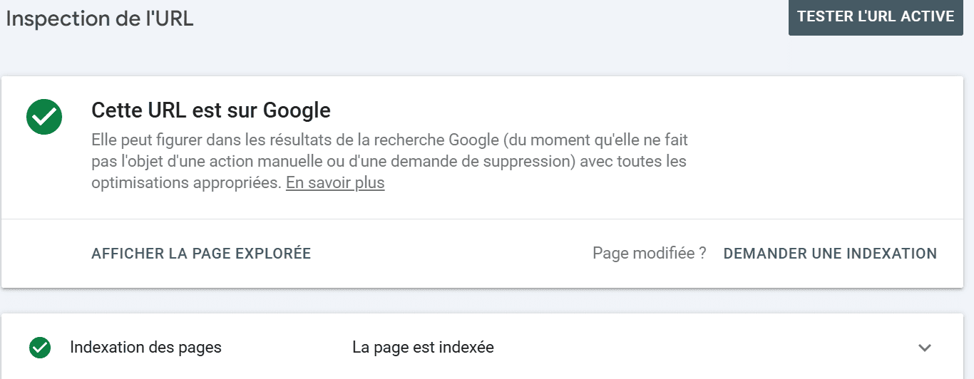Vérifier l'indexation par inspection de l'url