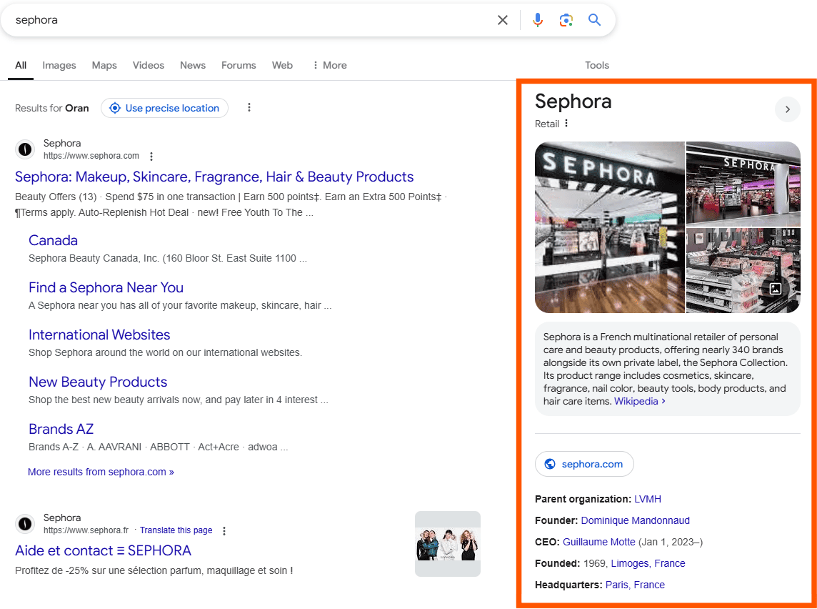 Exemple d'un résultat de recherche avec un knowledge graph